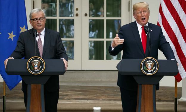 Donald Trump and Jean-Claude Juncker speak in the rose garden of the White House