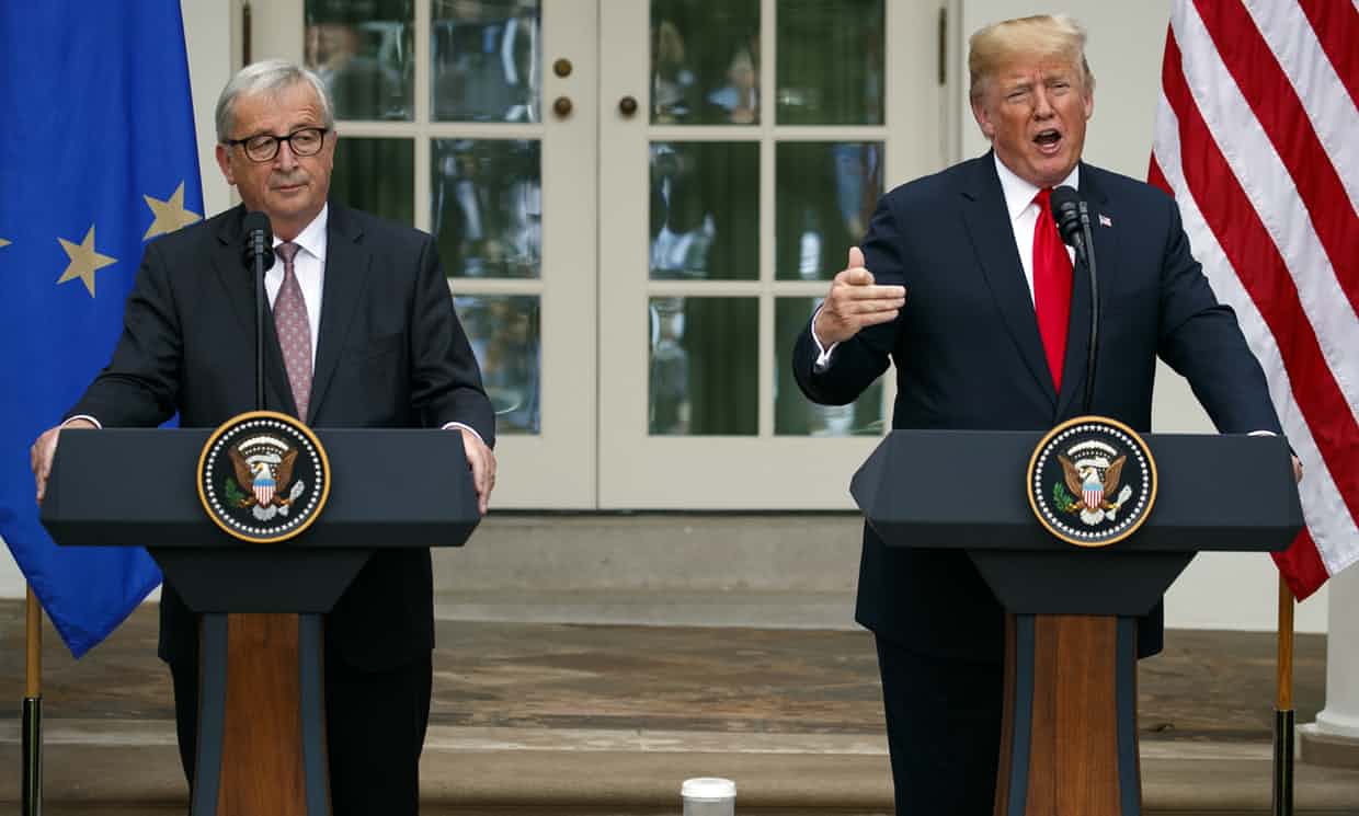 Donald Trump and Jean-Claude Juncker speak in the rose garden of the White House